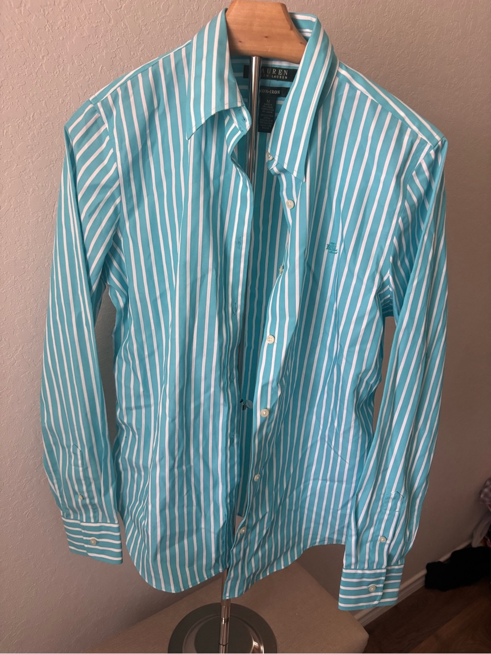 Lauren Ralph Lauren Non Iron Striped Button Down Shirt Aqua White Cotton Med